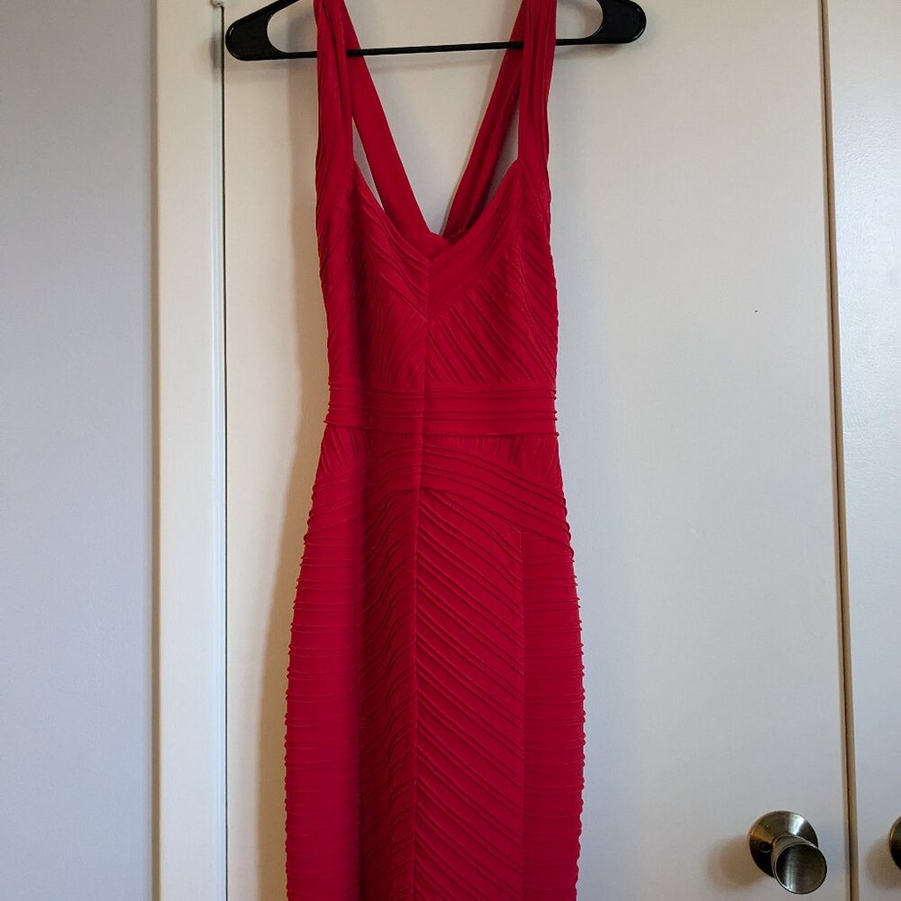 X back red form fitting Calvin Klein knee length dress